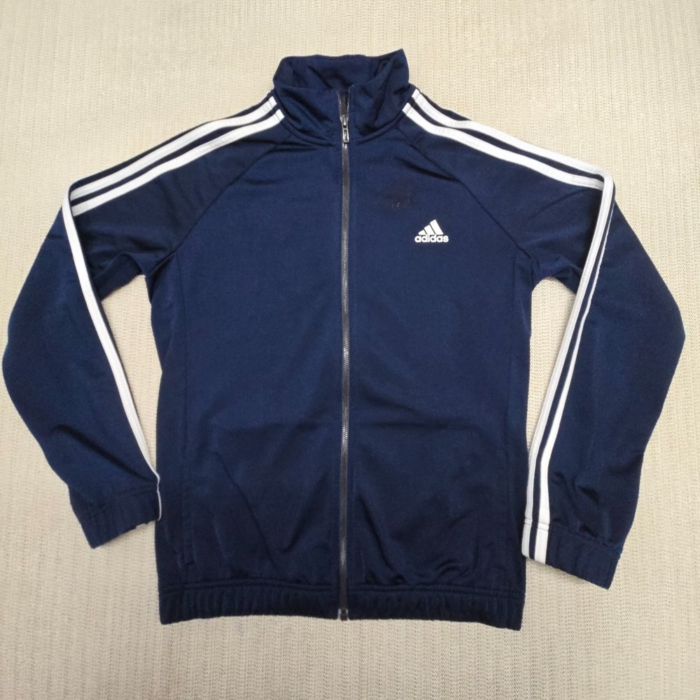 Adidas Track Jacket Youth Large 16-18 Blue Full Zip Climacool 3 Stripe Logo
